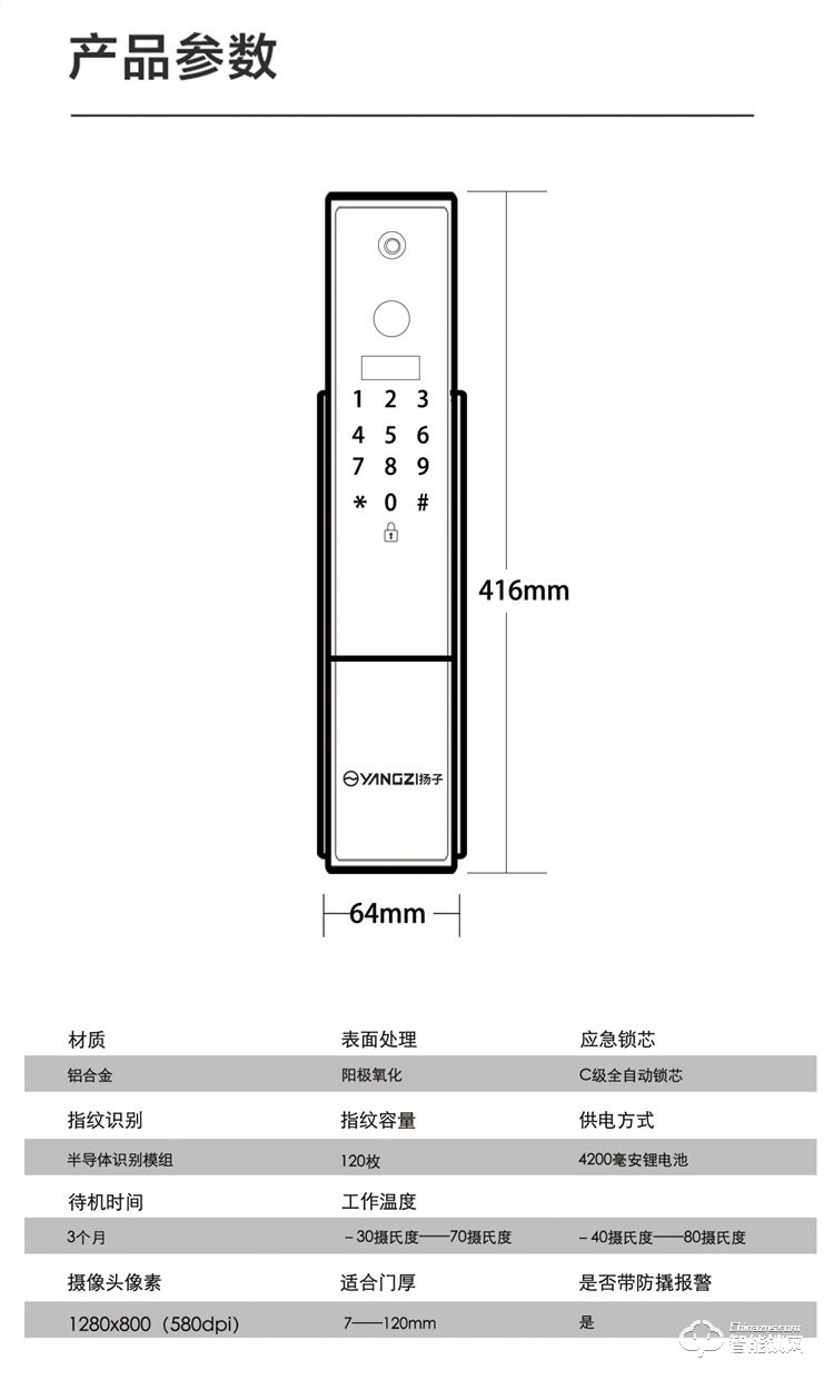 揚子智能鎖 T03全自動可視貓眼指紋密碼鎖