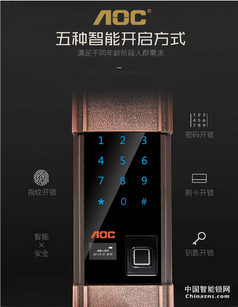 AOC智能鎖指紋鎖 家用防盜門密碼鎖 歐式全自動(dòng)電子門鎖
