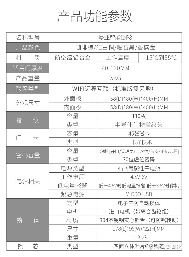 曼亞智能鎖 智能指紋鎖密碼鎖防盜門家用全自動指紋鎖P8