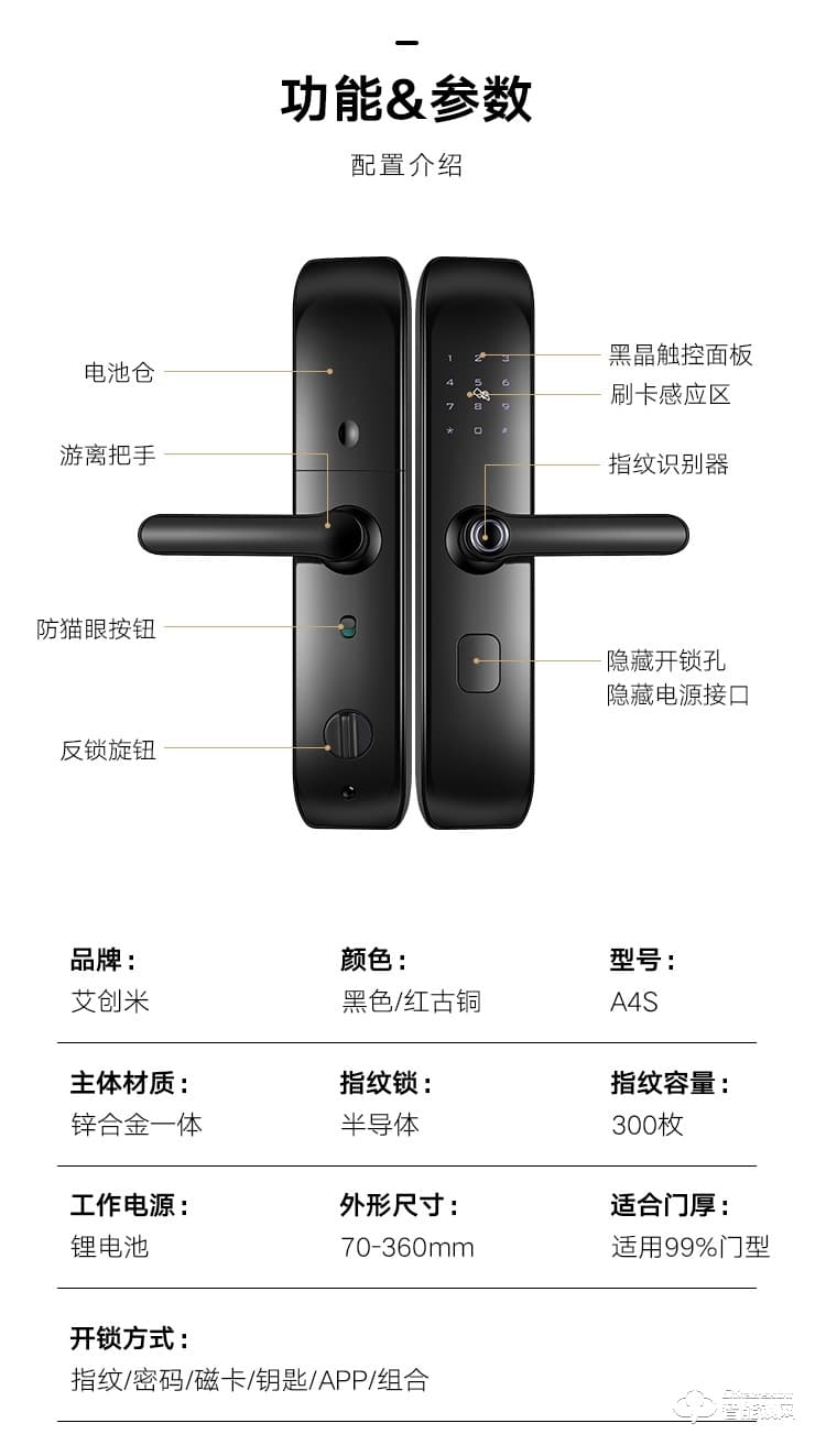 艾創(chuàng)米智能鎖 A4S自動電子鎖智能鎖密碼鎖