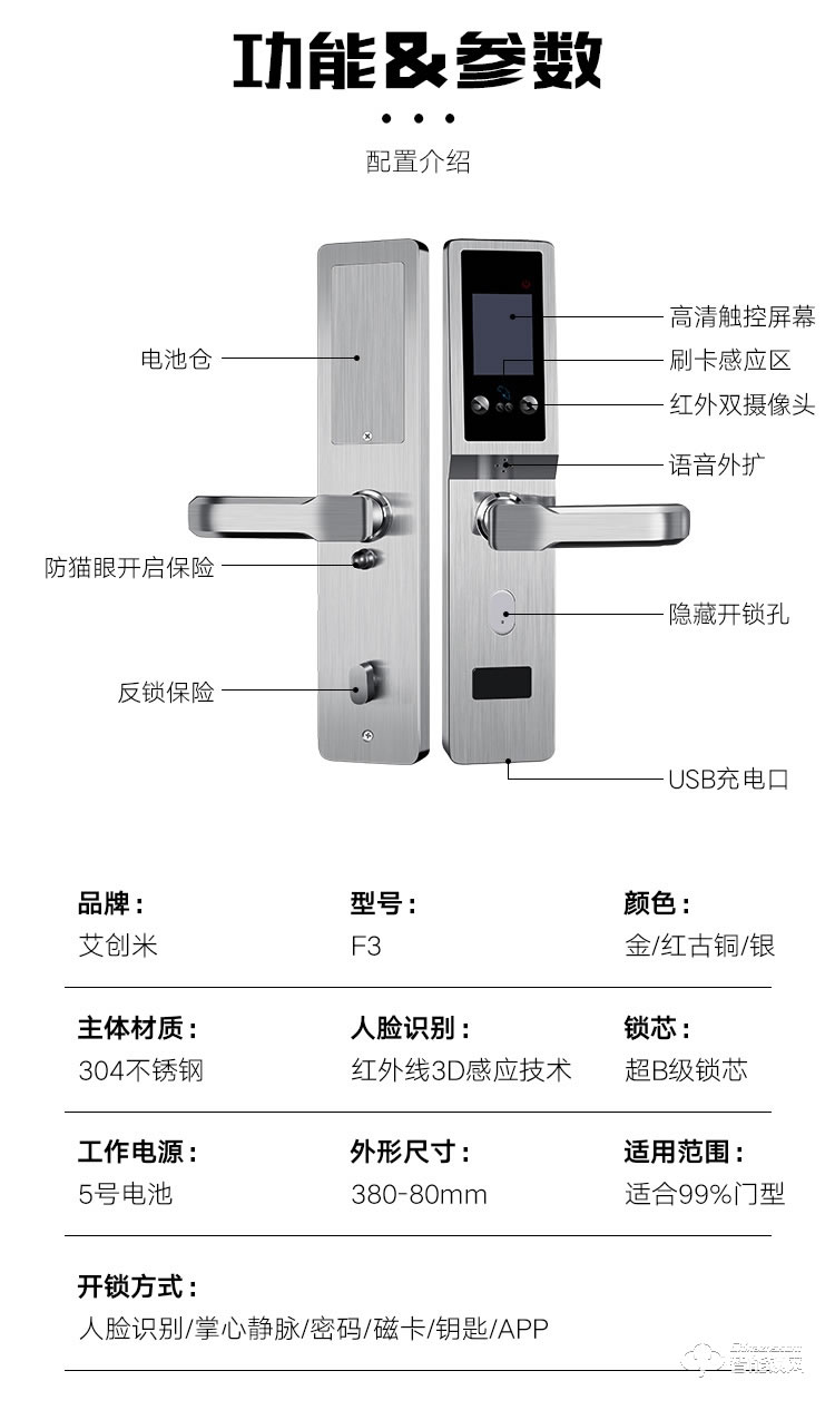 艾創(chuàng)米智能鎖 F3全自動(dòng)人臉識(shí)別智能鎖電子門鎖