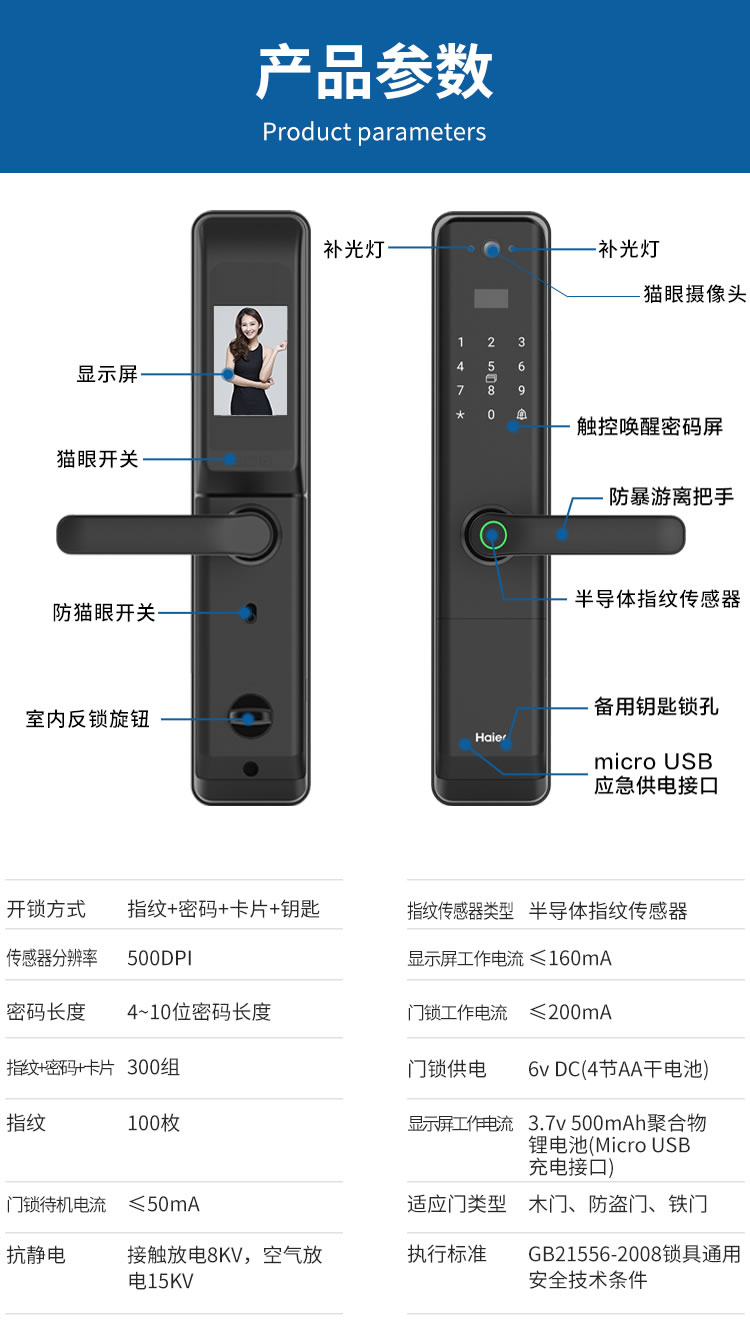海爾貓眼鎖28EV室內帶屏指紋鎖家用防盜門電子門鎖密碼鎖EV28